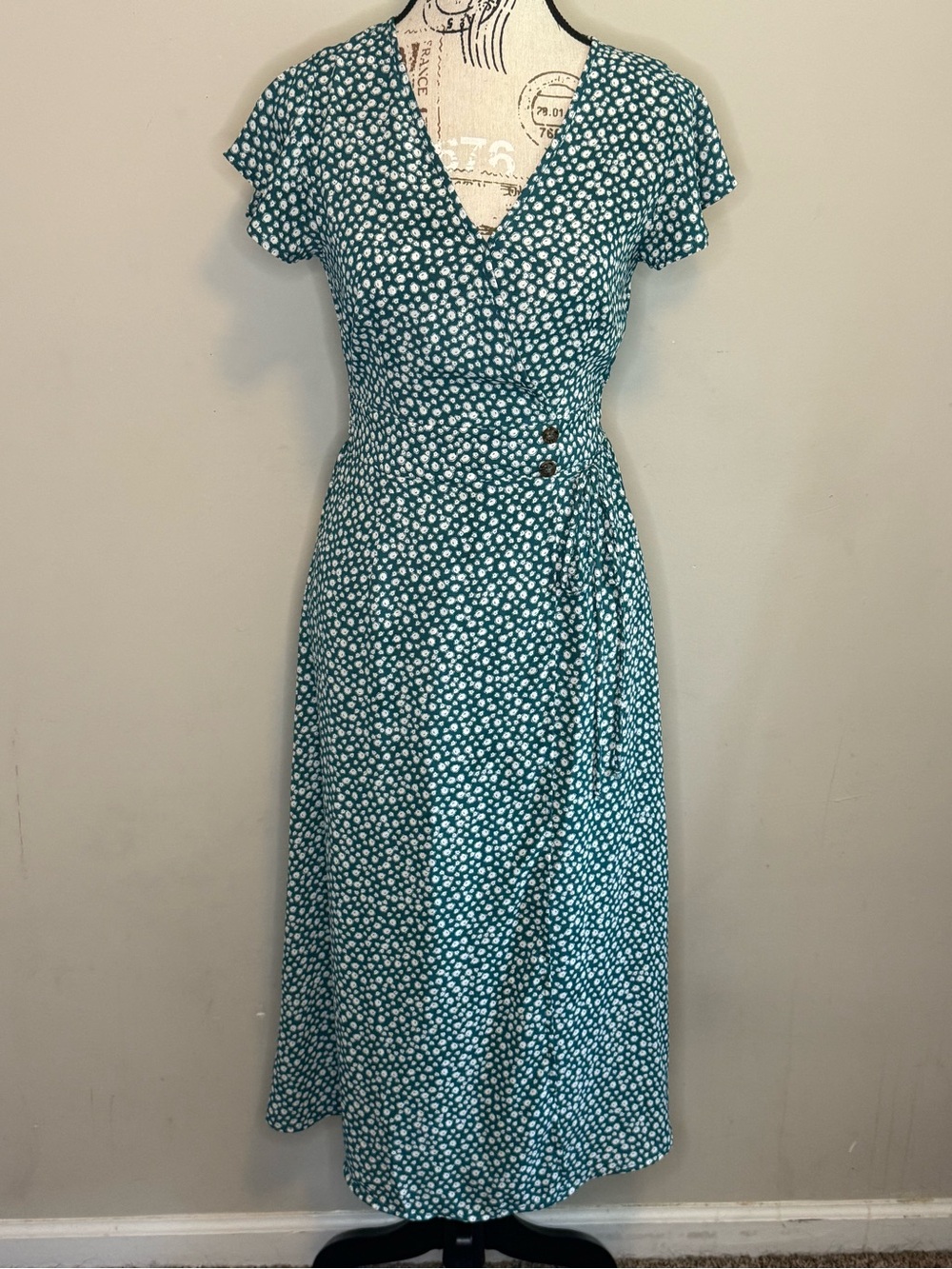 Sienna Sky Teal and White Dot Wrap Midi Dress - Size XS
